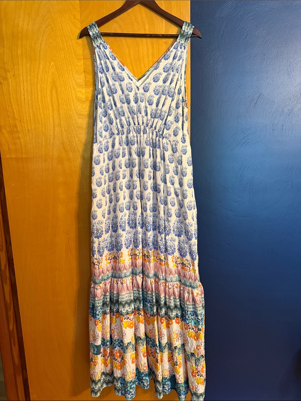 Anthropologie Blue & Multi-Color Printed Maxi Dress